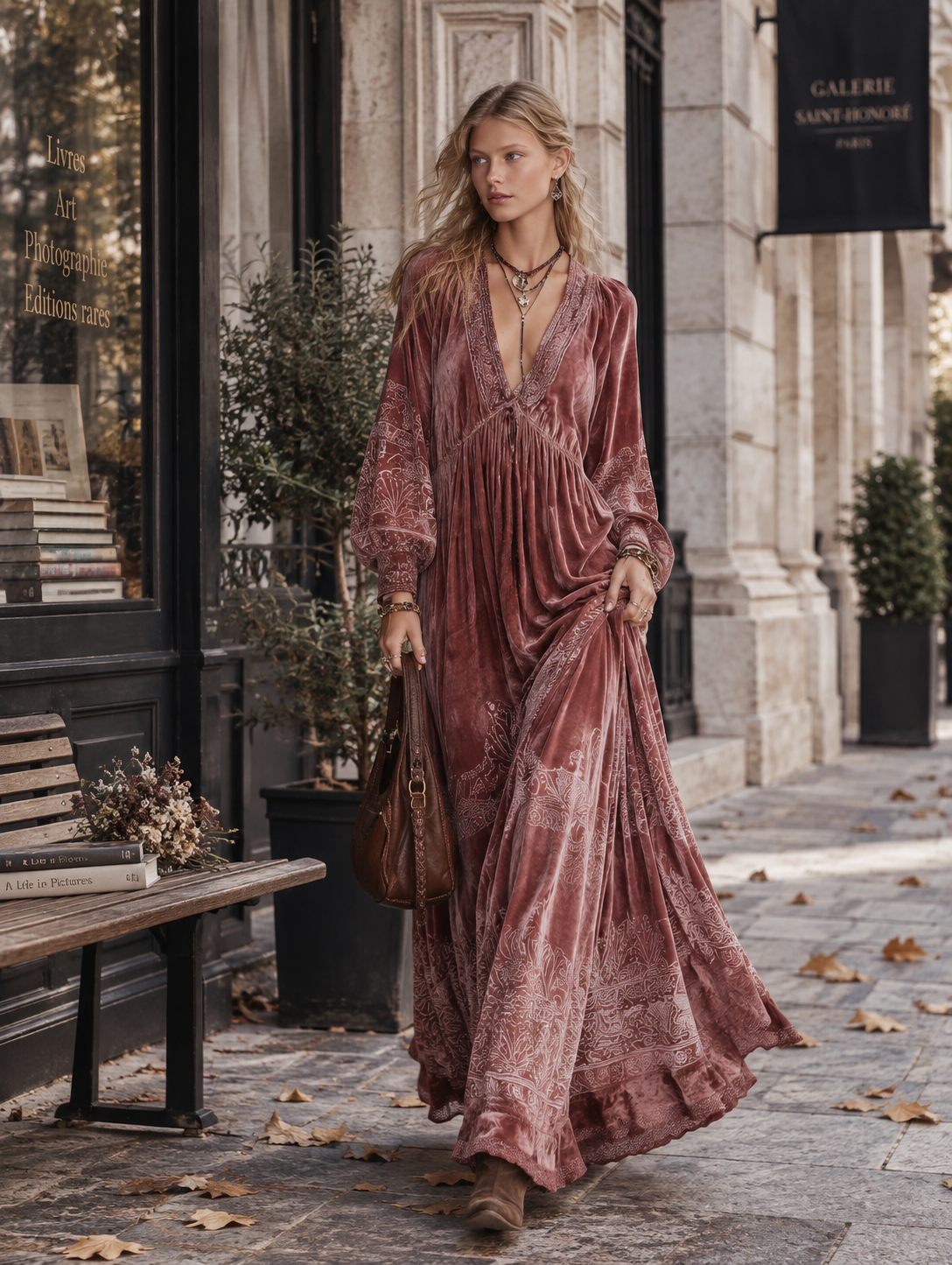 Vintage-style Dusty Pink Printed V-neck Velvet Maxi Dress