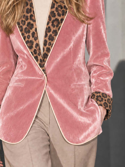 Vintage Pink Velvet Blazer With Leopard Print Lapel One Button Women&