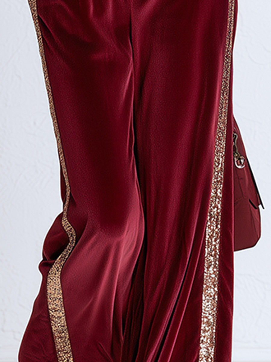 Retro Sequin-Trimmed Burgundy Velvet Shirt And Wide-Leg Trouser Set