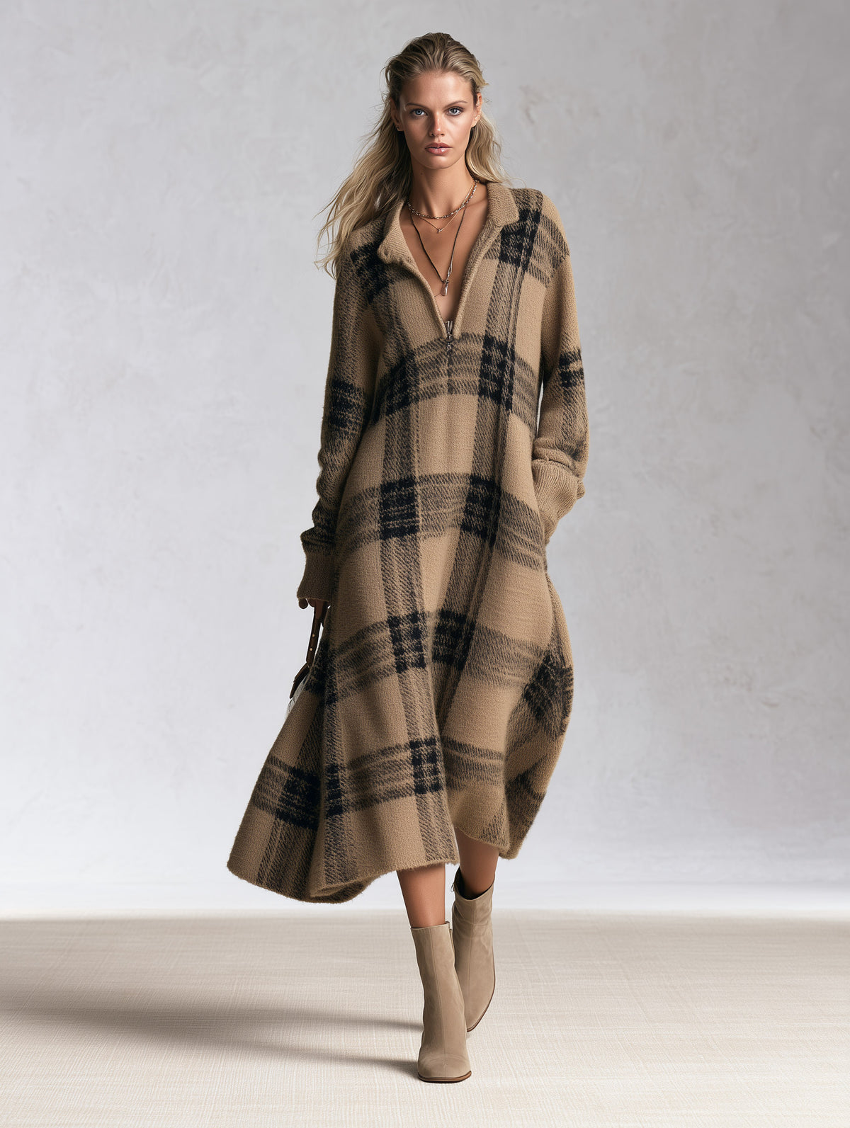 Retro Half-Zip Plaid Knit Midi Dress