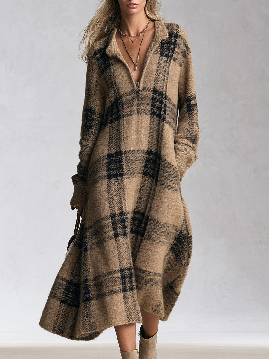 Retro Half-Zip Plaid Knit Midi Dress