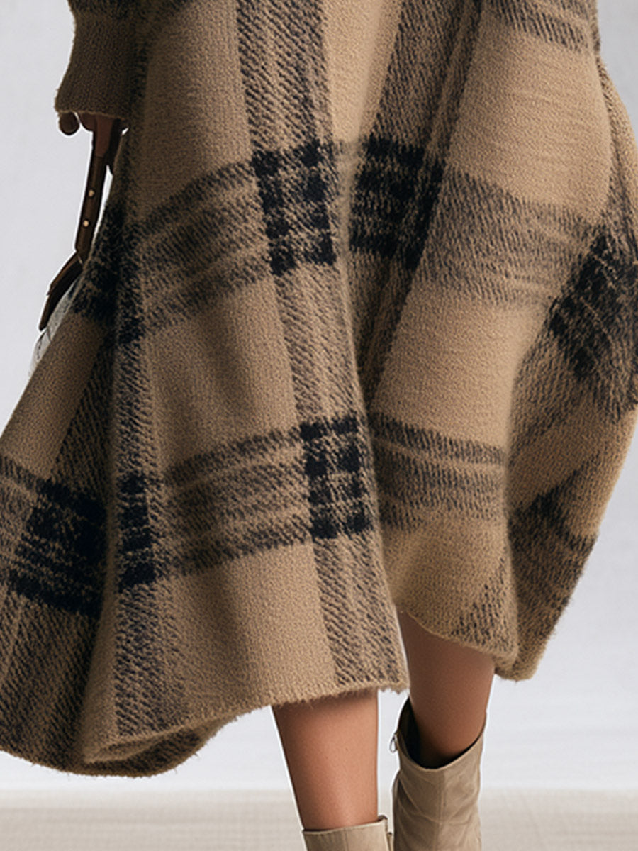 Retro Half-Zip Plaid Knit Midi Dress