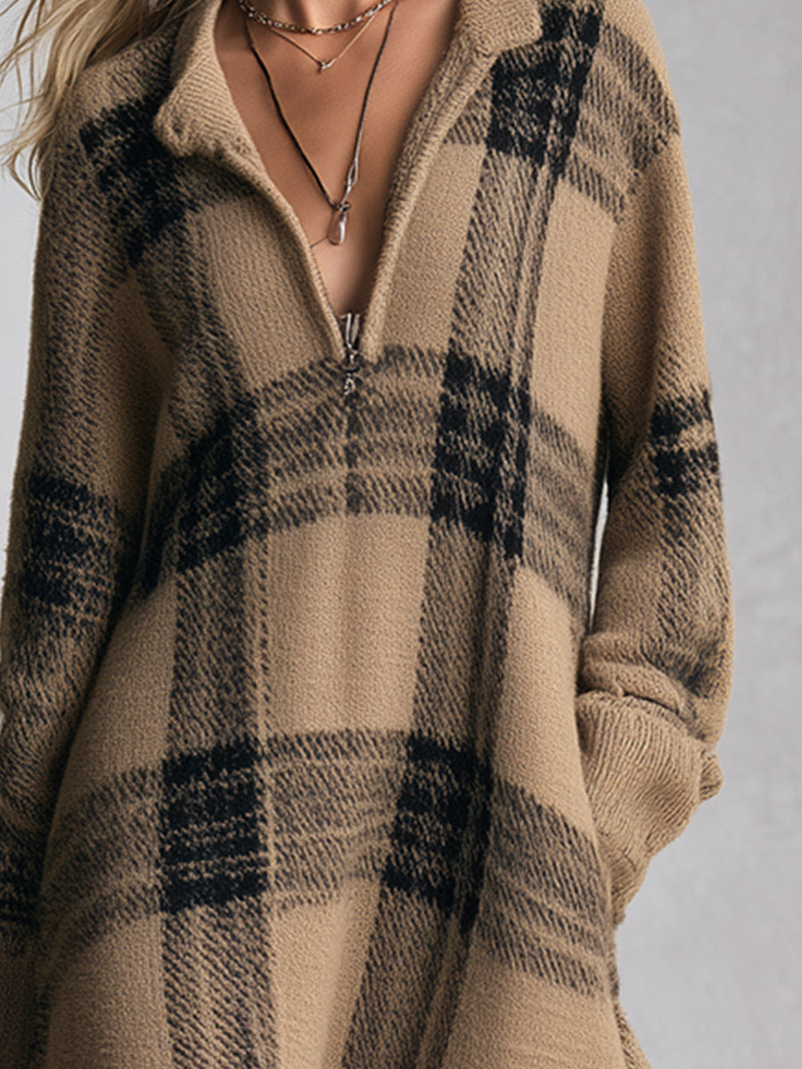 Retro Half-Zip Plaid Knit Midi Dress