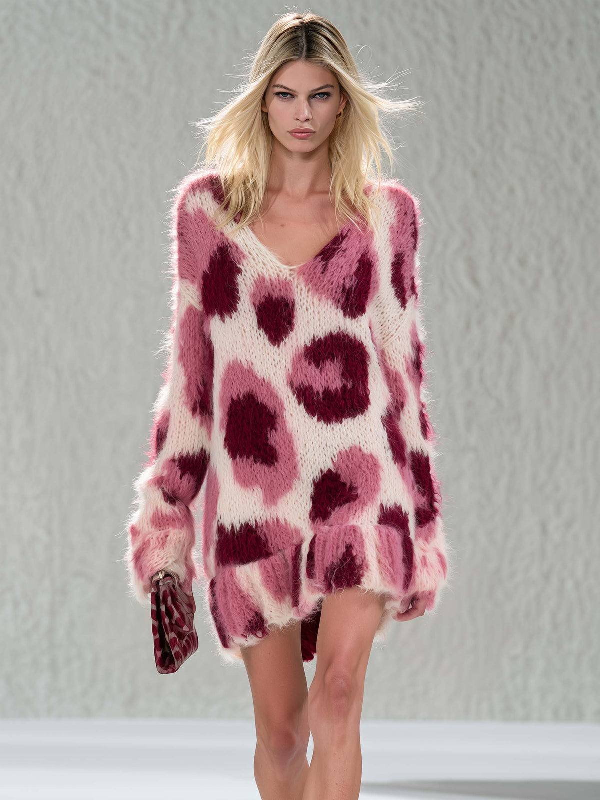 Retro Chic Pink Leopard Fuzzy Knit V-Neck Ruffle Hem Mini Sweater Dress