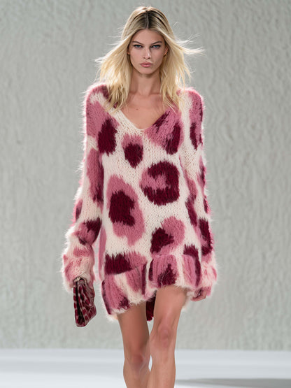 Retro Chic Pink Leopard Fuzzy Knit V-Neck Ruffle Hem Mini Sweater Dress