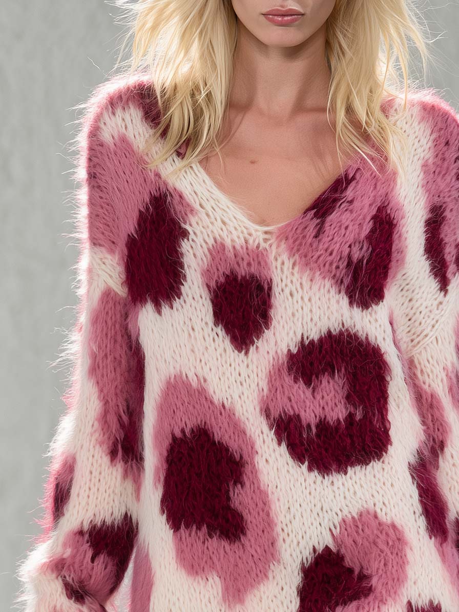 Retro Chic Pink Leopard Fuzzy Knit V-Neck Ruffle Hem Mini Sweater Dress