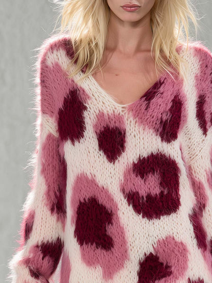 Retro Chic Pink Leopard Fuzzy Knit V-Neck Ruffle Hem Mini Sweater Dress