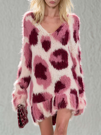 Retro Chic Pink Leopard Fuzzy Knit V-Neck Ruffle Hem Mini Sweater Dress