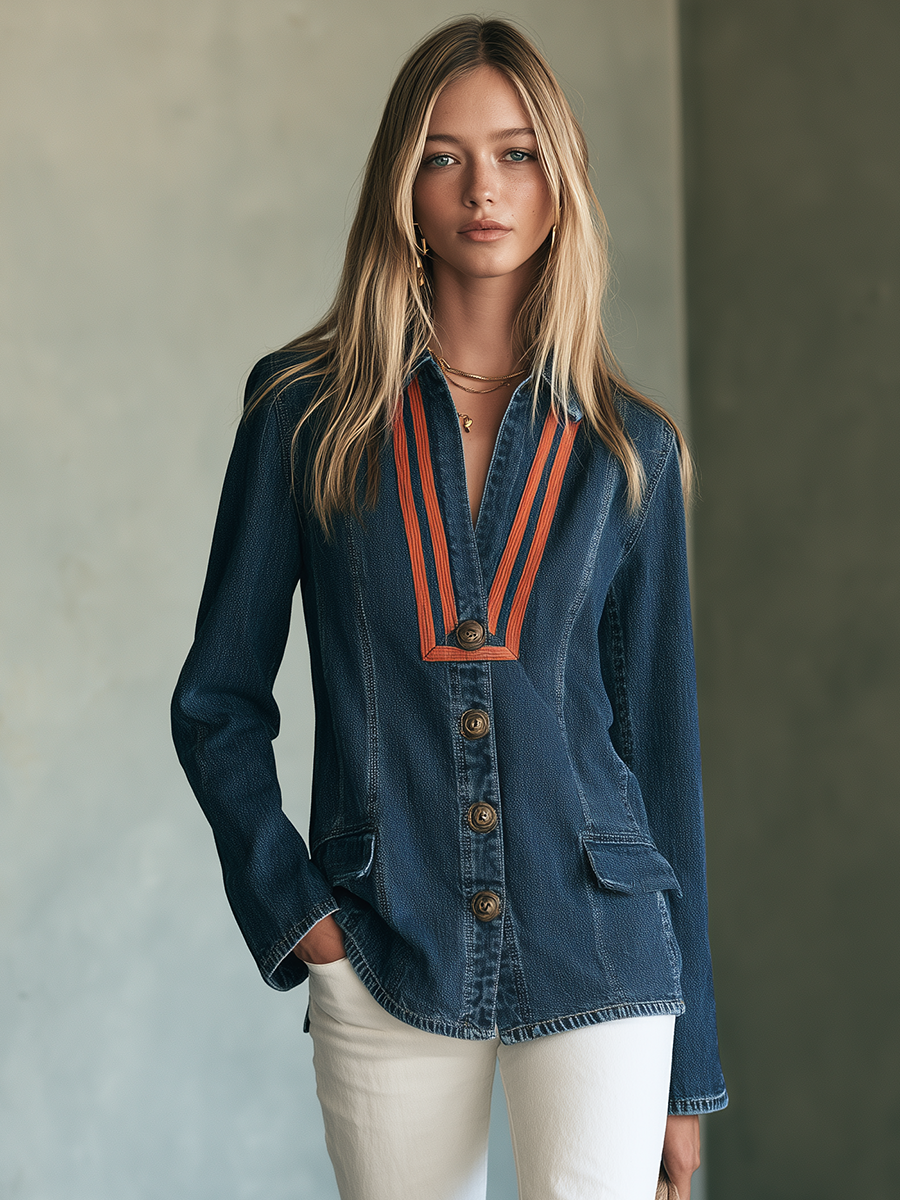 Indigo Denim Shacket With Striped Trim And Flap Pockets