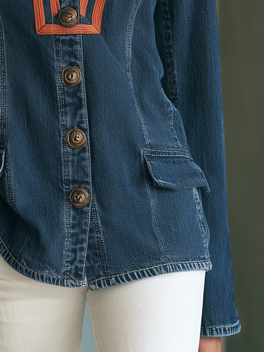 Indigo Denim Shacket With Striped Trim And Flap Pockets