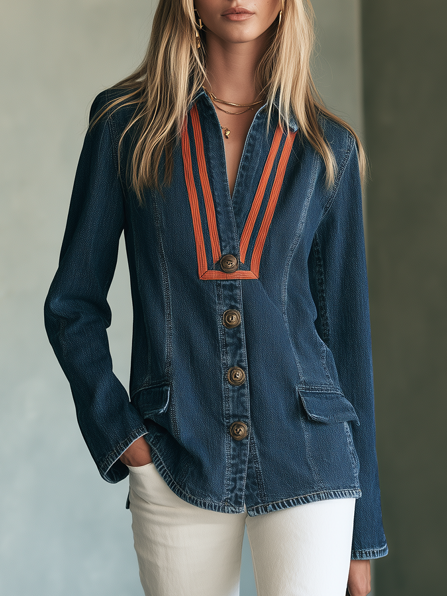 Indigo Denim Shacket With Striped Trim And Flap Pockets