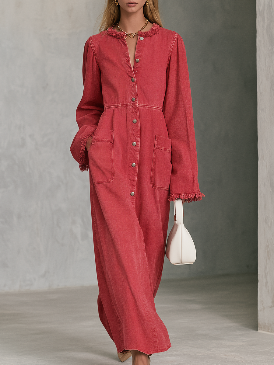 Washed Red Denim Maxi Shirt Dress With Frayed Trim