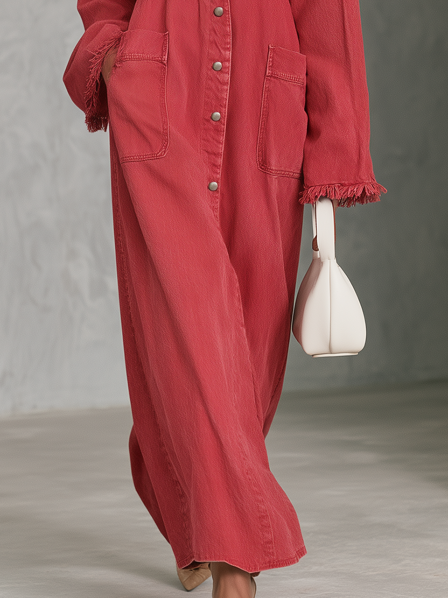 Washed Red Denim Maxi Shirt Dress With Frayed Trim