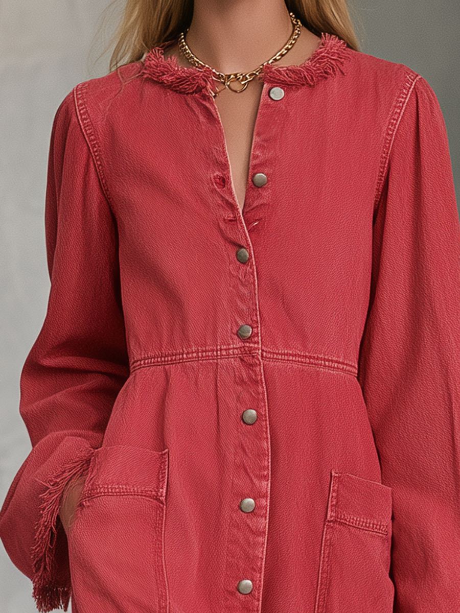 Washed Red Denim Maxi Shirt Dress With Frayed Trim