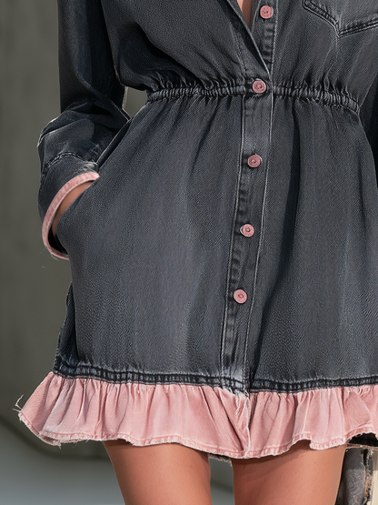 Black Denim Mini Shirt Dress With Pink Ruffle Hem