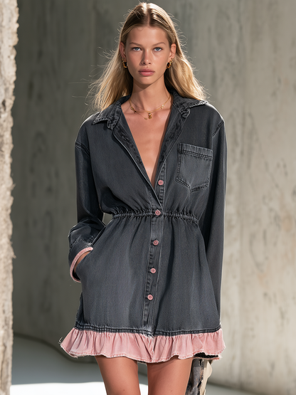 Black Denim Mini Shirt Dress With Pink Ruffle Hem