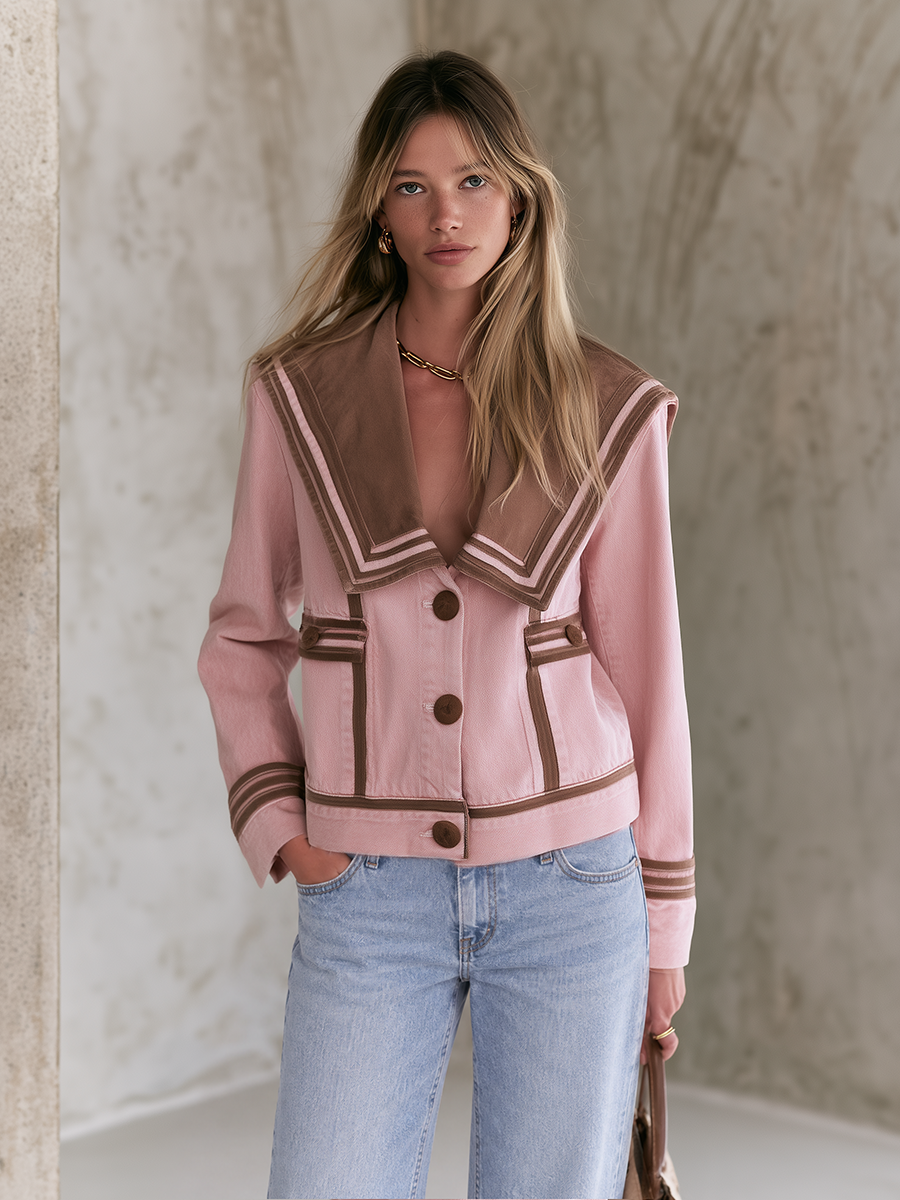 Pink Sailor Collar Denim Jacket And Flare Pants Set