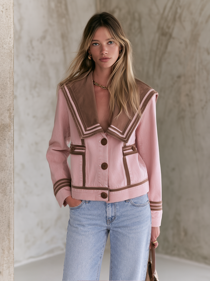 Pink Sailor Collar Denim Jacket And Flare Pants Set