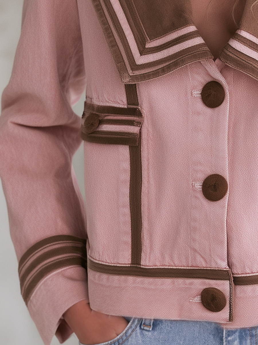 Pink Sailor Collar Denim Jacket And Flare Pants Set