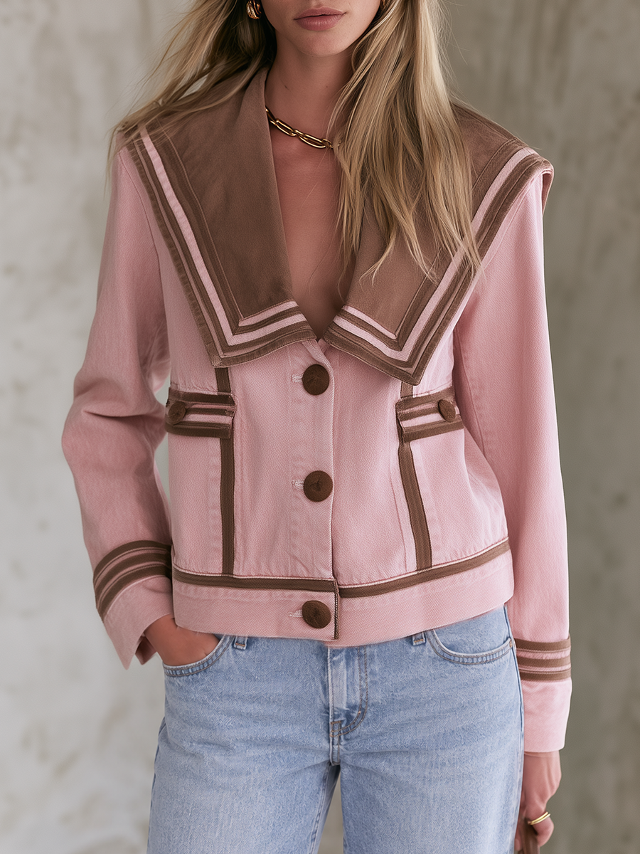 Pink Sailor Collar Denim Jacket And Flare Pants Set