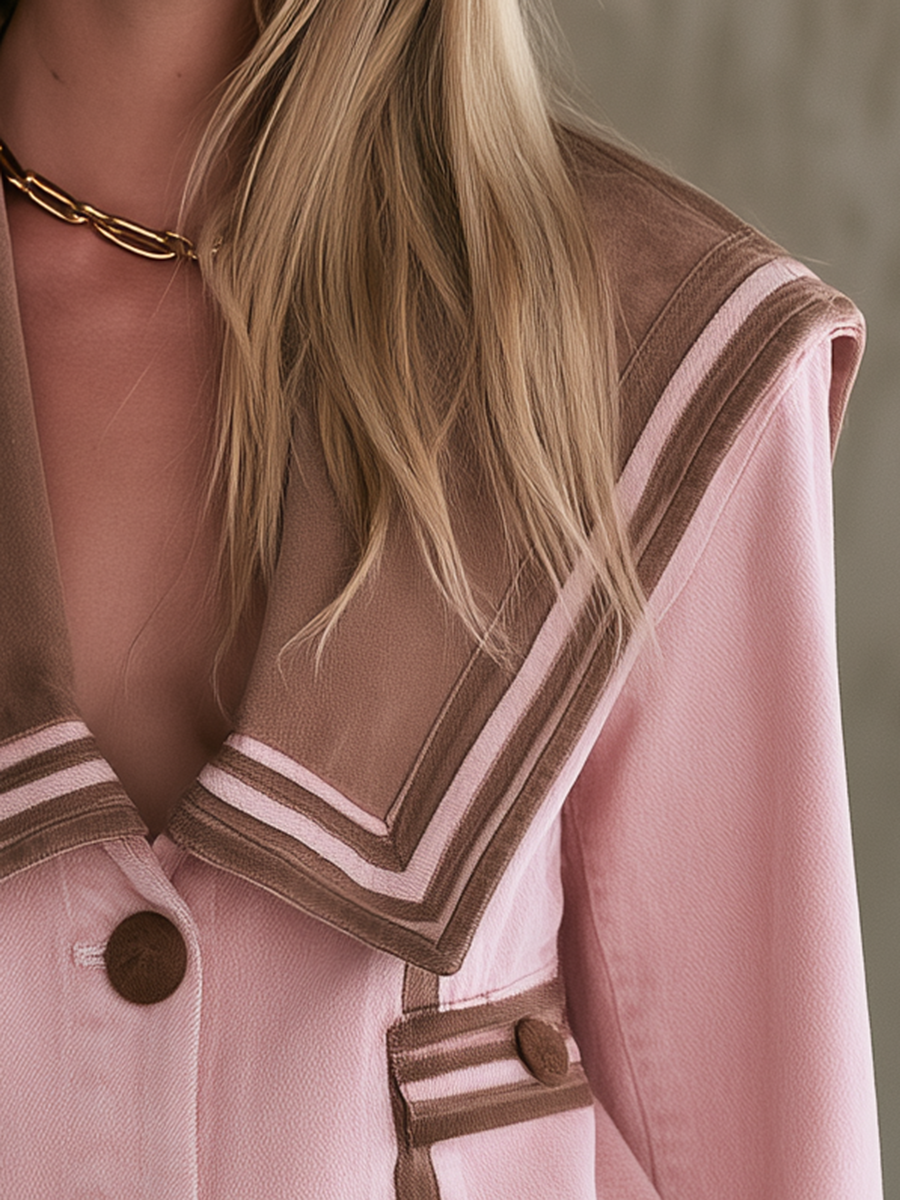 Pink Sailor Collar Denim Jacket And Flare Pants Set