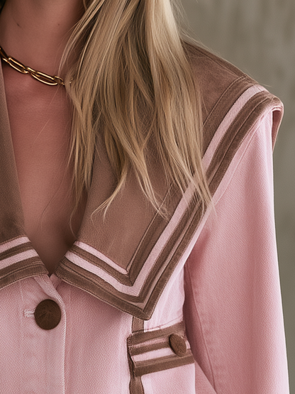 Pink Sailor Collar Denim Jacket And Flare Pants Set