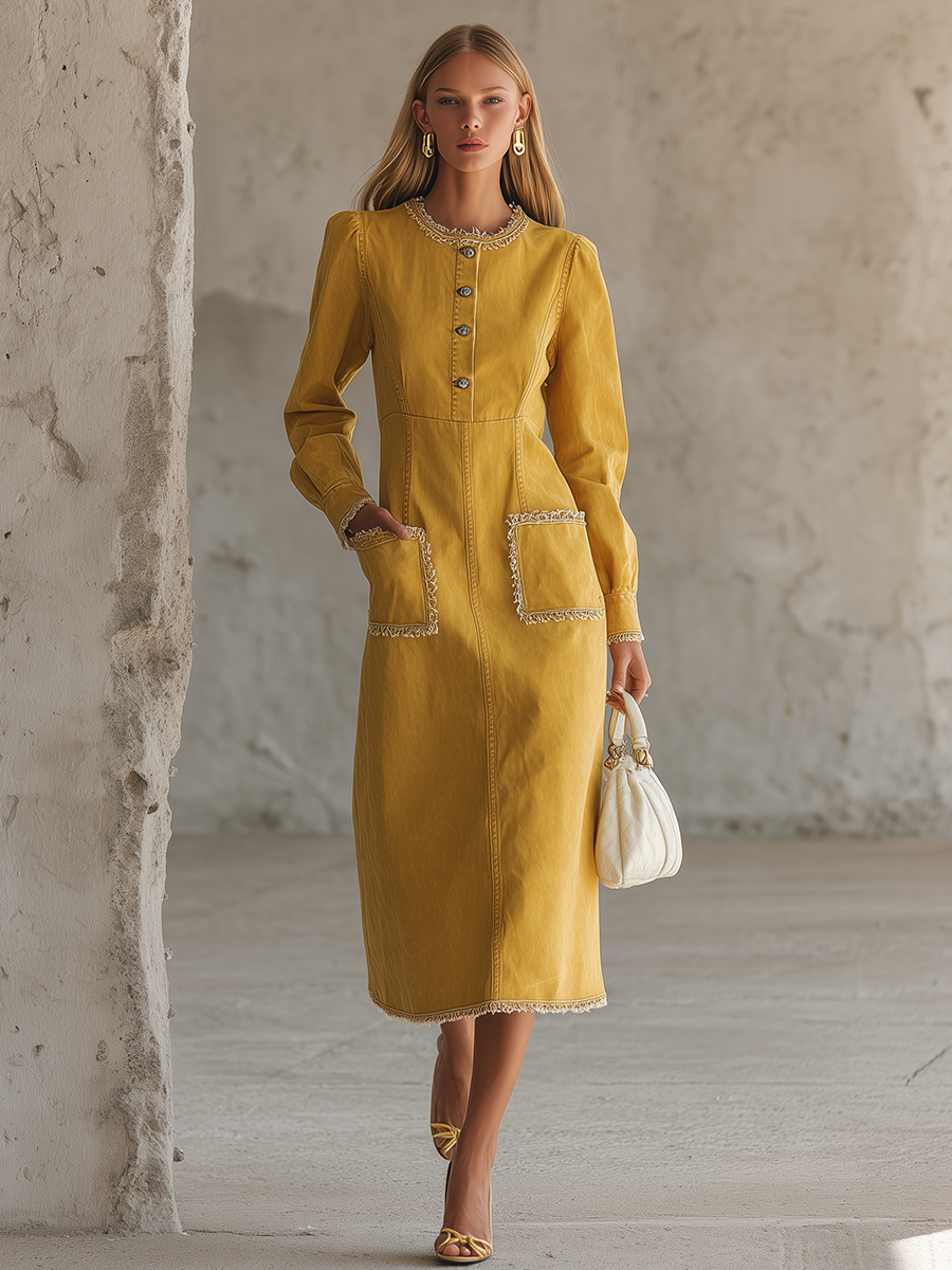 Mustard Button Front Denim Midi Dress With Raw Edge Trim