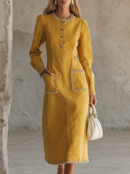 Mustard Button Front Denim Midi Dress With Raw Edge Trim