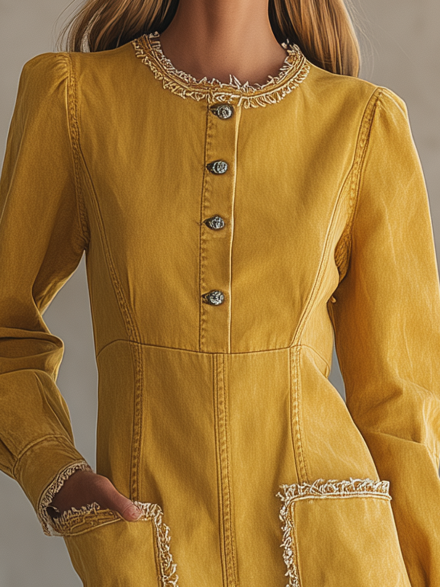 Mustard Button Front Denim Midi Dress With Raw Edge Trim