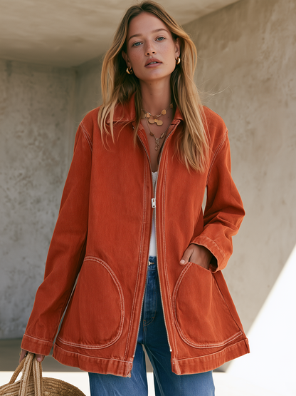 Rust Zip Front Denim Chore Jacket With Patch Pockets