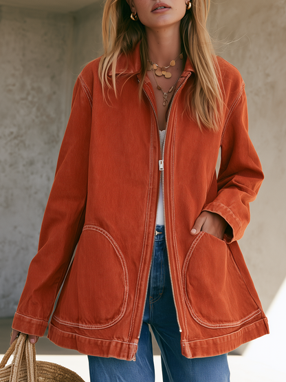 Rust Zip Front Denim Chore Jacket With Patch Pockets