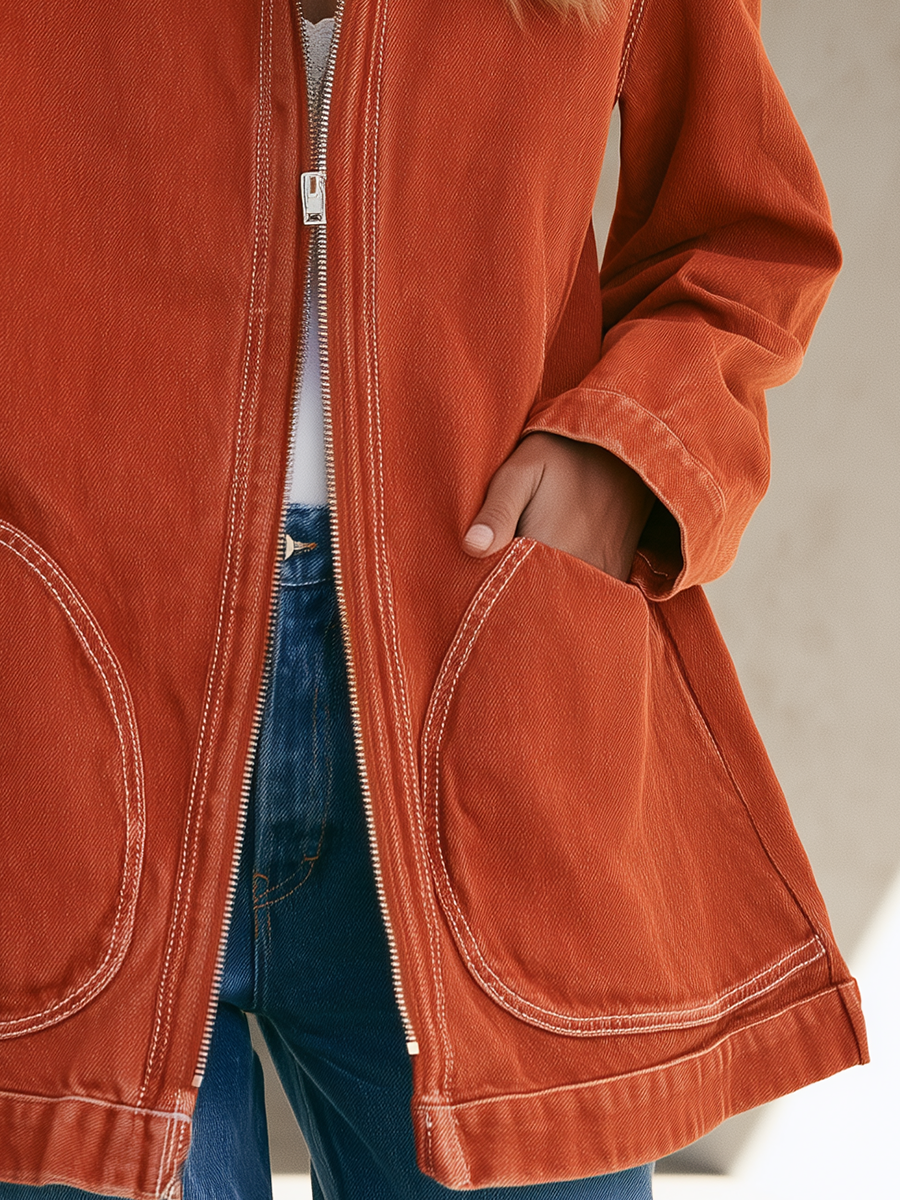 Rust Zip Front Denim Chore Jacket With Patch Pockets