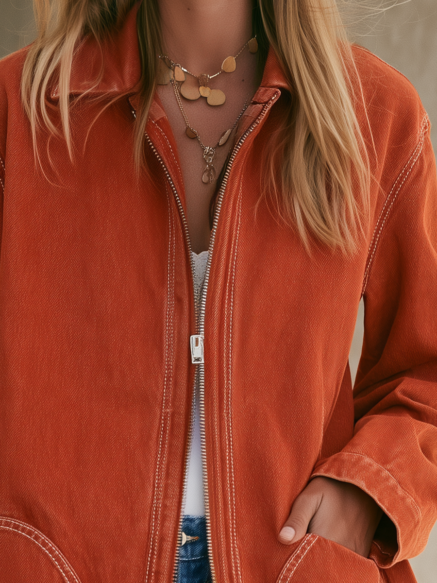 Rust Zip Front Denim Chore Jacket With Patch Pockets
