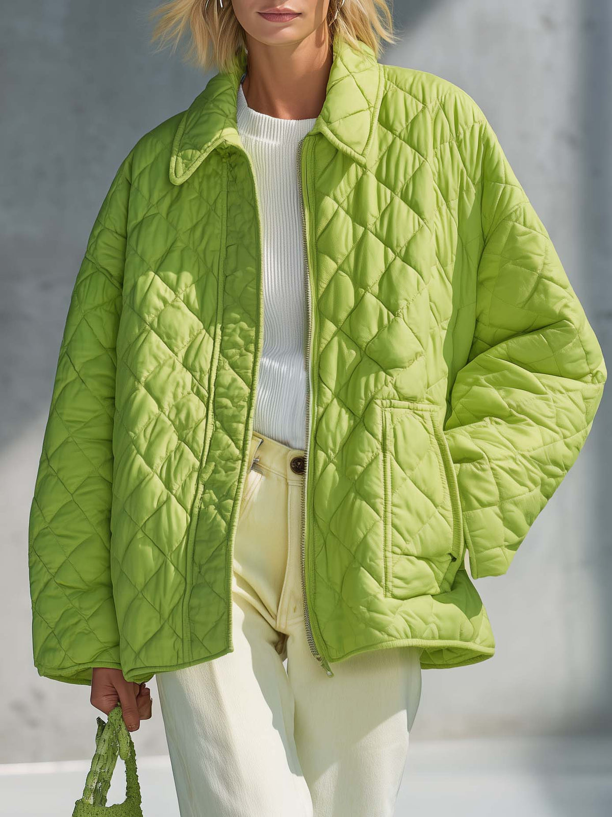 Casual Chic Oversized Lime Green Diamond Quilted Zip-Up Lightweight Jacket Women