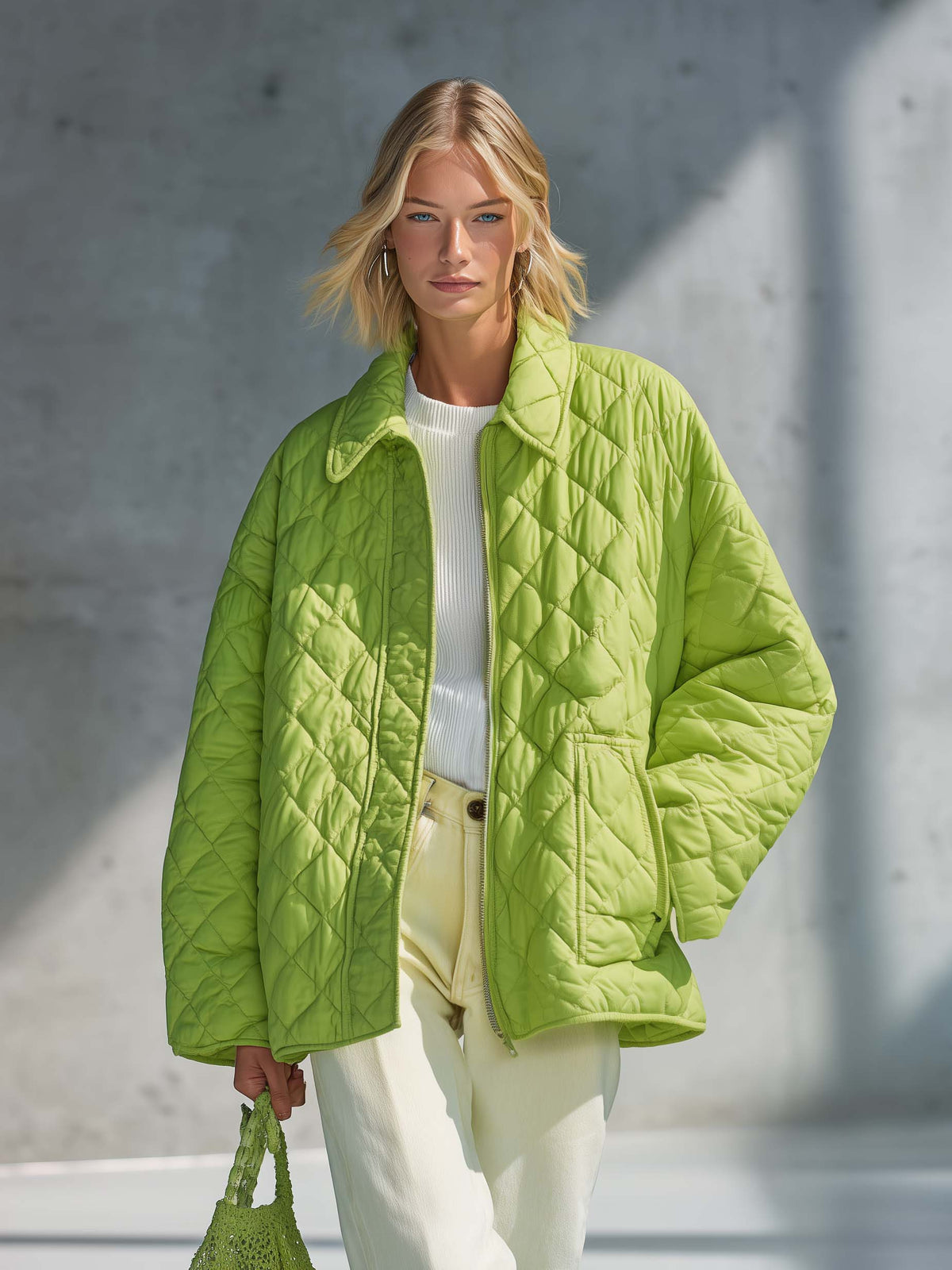 Casual Chic Oversized Lime Green Diamond Quilted Zip-Up Lightweight Jacket Women