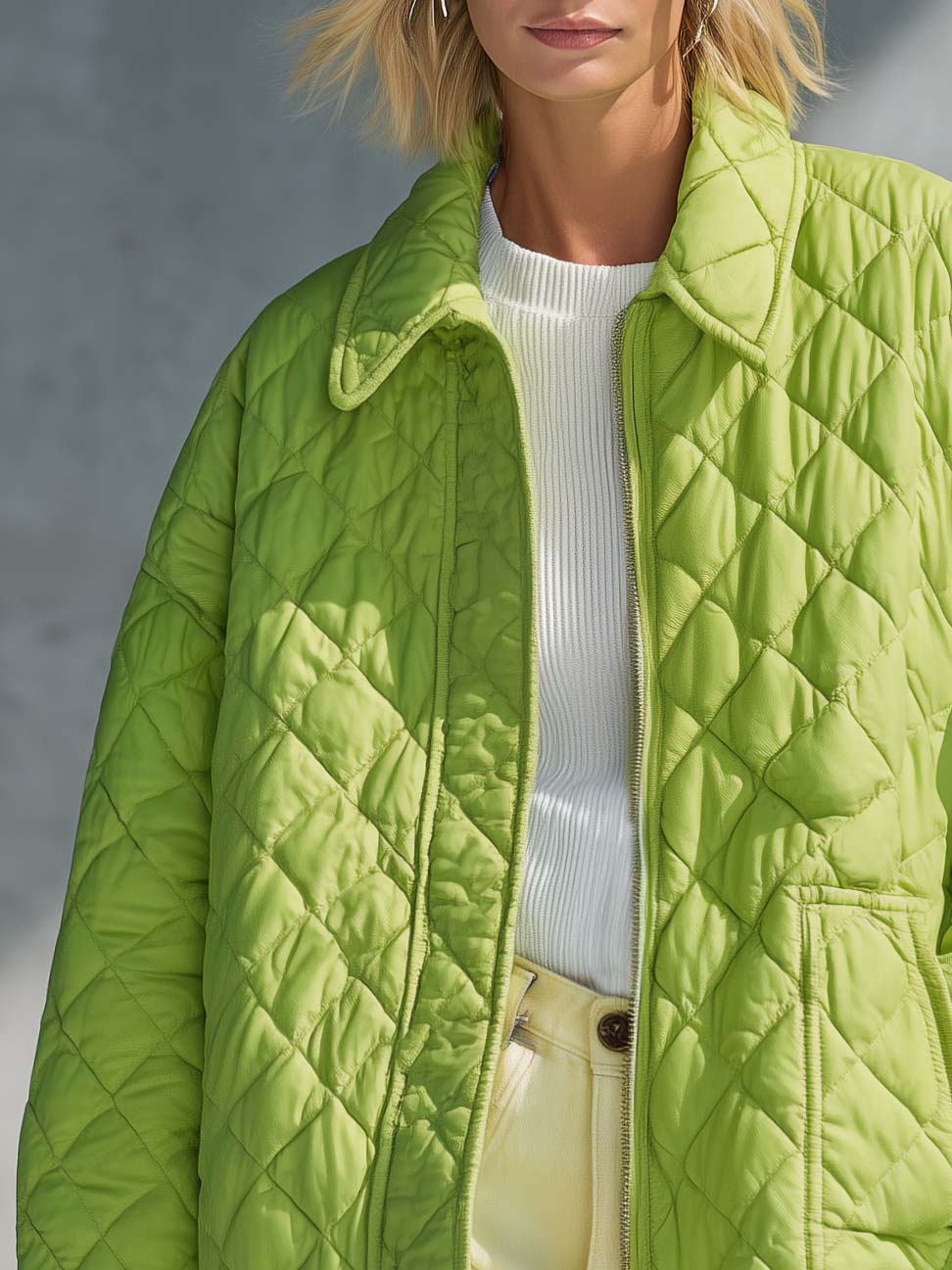 Casual Chic Oversized Lime Green Diamond Quilted Zip-Up Lightweight Jacket Women