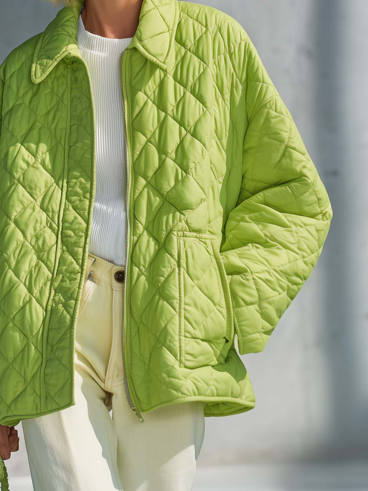 Casual Chic Oversized Lime Green Diamond Quilted Zip-Up Lightweight Jacket Women