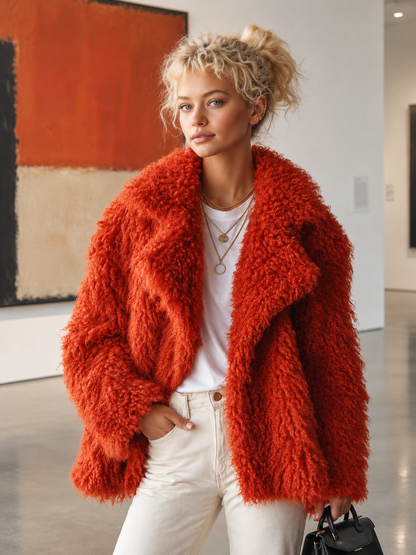 Retro Glam Burnt Orange Mongolian Curly Faux Fur Oversized Lapel Shaggy Jacket