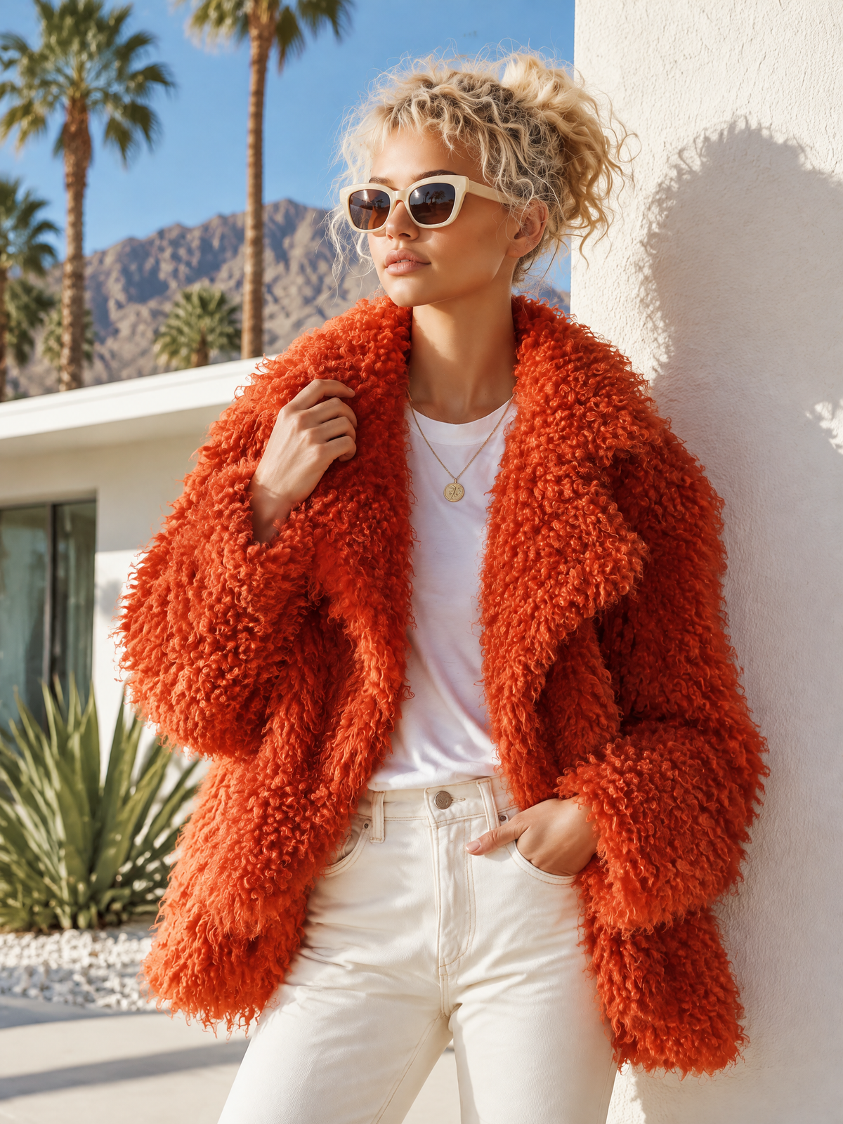 Retro Glam Burnt Orange Mongolian Curly Faux Fur Oversized Lapel Shaggy Jacket