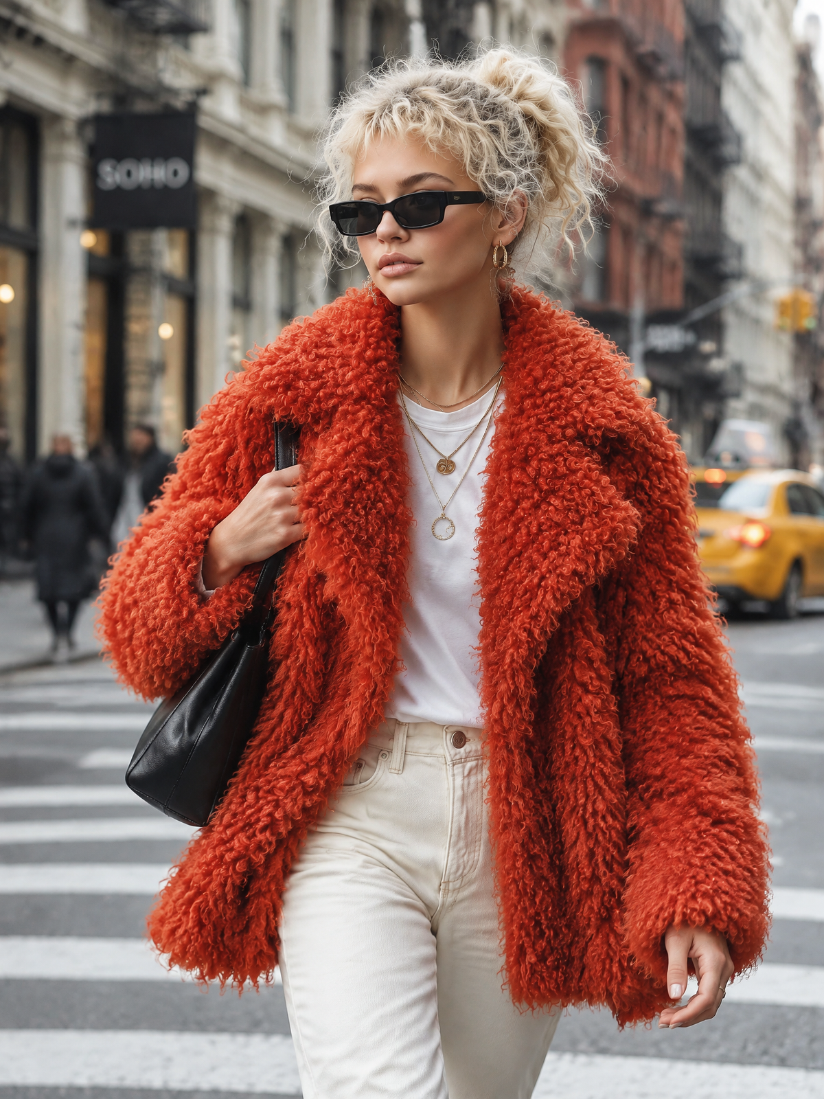 Retro Glam Burnt Orange Mongolian Curly Faux Fur Oversized Lapel Shaggy Jacket