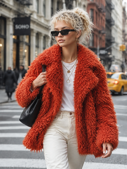 Retro Glam Burnt Orange Mongolian Curly Faux Fur Oversized Lapel Shaggy Jacket