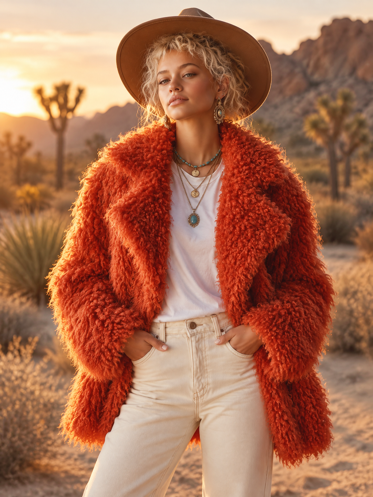 Retro Glam Burnt Orange Mongolian Curly Faux Fur Oversized Lapel Shaggy Jacket