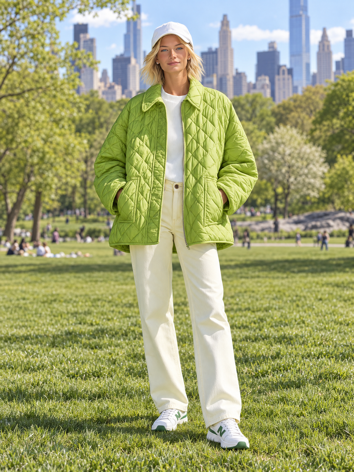 Casual Chic Oversized Lime Green Diamond Quilted Zip-Up Lightweight Jacket Women
