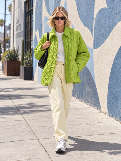 Casual Chic Oversized Lime Green Diamond Quilted Zip-Up Lightweight Jacket Women