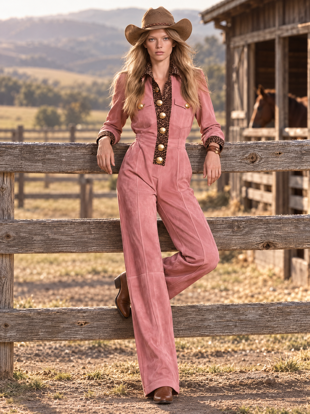 Retro-casual Western-style Leopard Print Faux Suede Jumpsuit