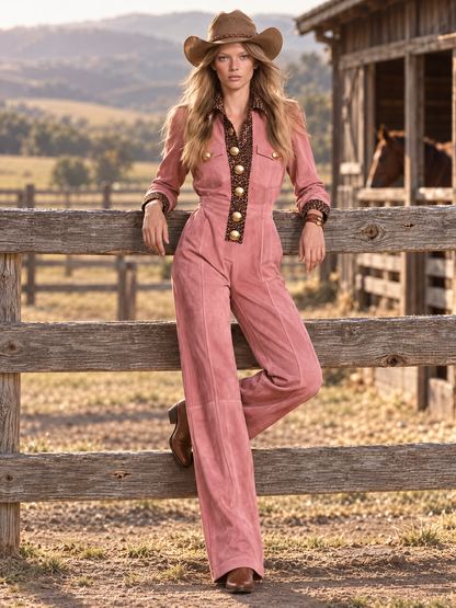 Retro-casual Western-style Leopard Print Faux Suede Jumpsuit