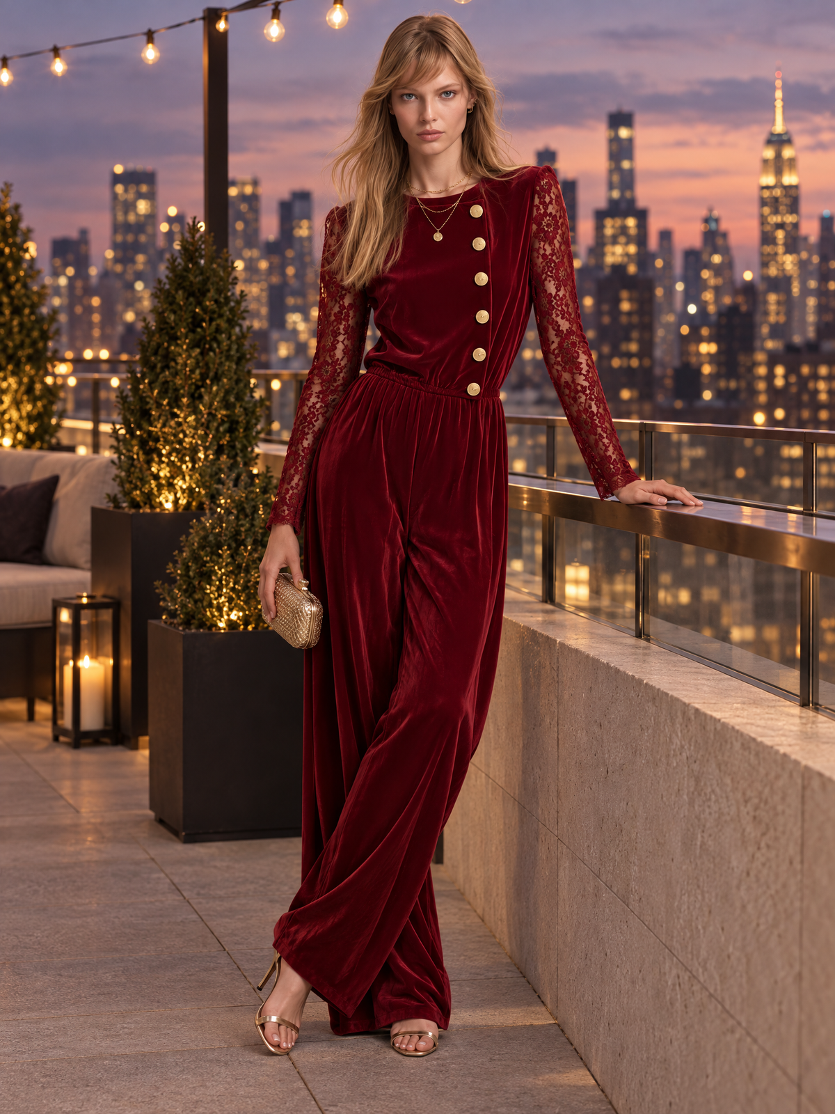 Vintage-style Velvet Jumpsuit With Exquisite, Elegant Lace Sleeves