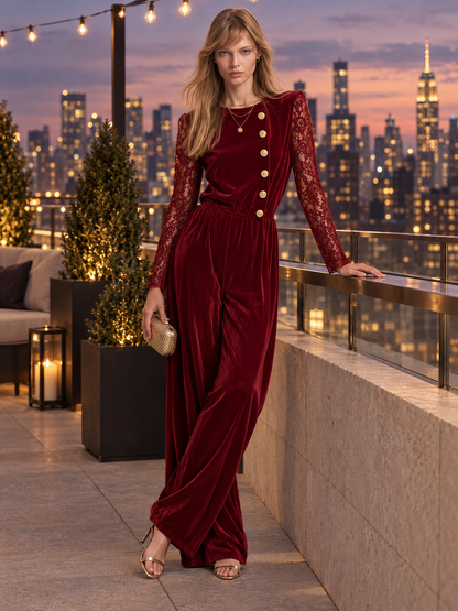 Vintage-style Velvet Jumpsuit With Exquisite, Elegant Lace Sleeves