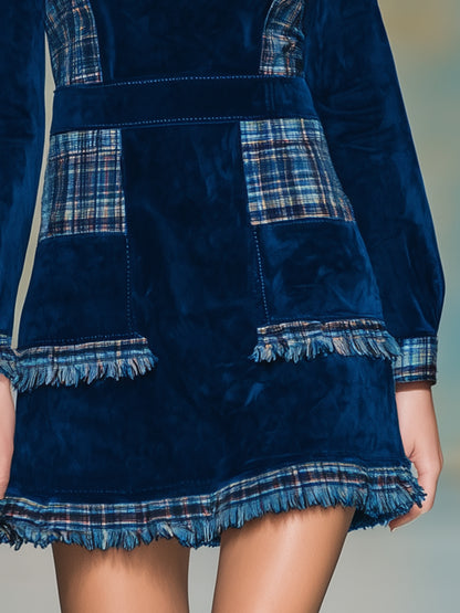 Fashionable Blue Faux Suede Patchwork Plaid Zip-up Round Neck Mini Dress