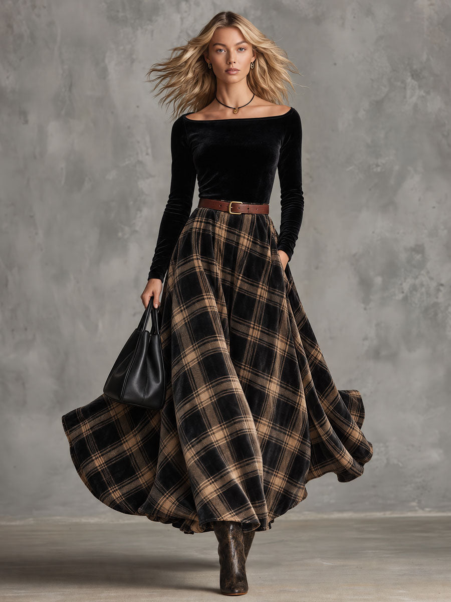 Retro Elegant Black Velvet Off-Shoulder Belted Plaid Flared Maxi Dress